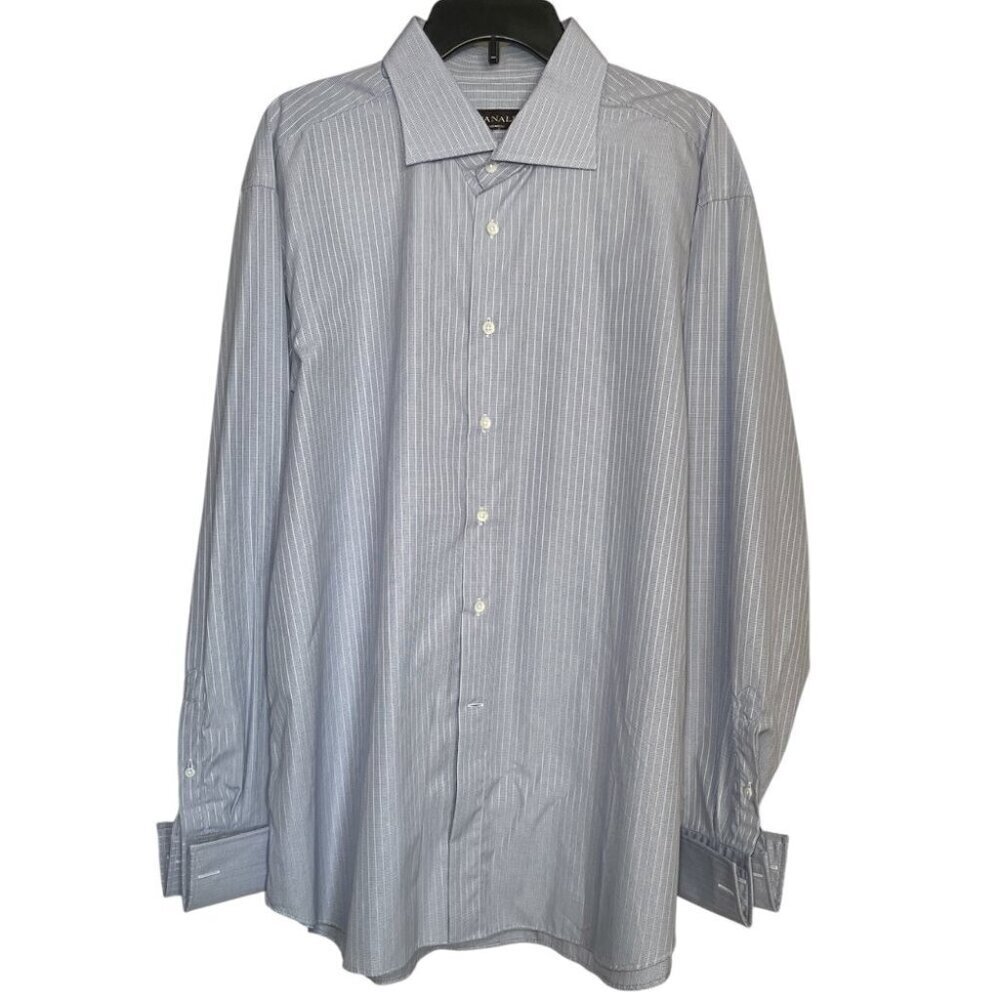 EUC Canali white stripes and navy checks dress shirt with cuffs sz 18 1/2